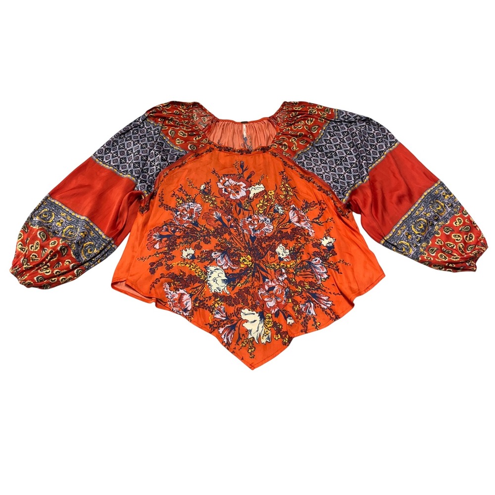 Free People Floral Print Blouse Womens XS Orange Peasant Boho Balloon Sleeve